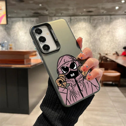 Samsung A-series shockproof TPU case with masked character design, made by OKEYWOW, features laser-cut details and flexible protection.