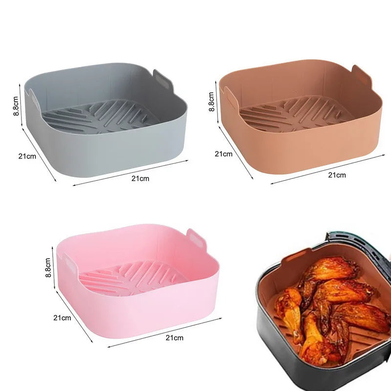 21cm Silicone Air Fryer Oven Baking Tray: Non-Stick Square Basket Mat for Pizza, Fried Chicken - Reusable Airfryer Pan