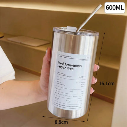ThermoSip 600ml Stainless Steel Travel Mug Straw Leakproof Insulated Drink Bottle