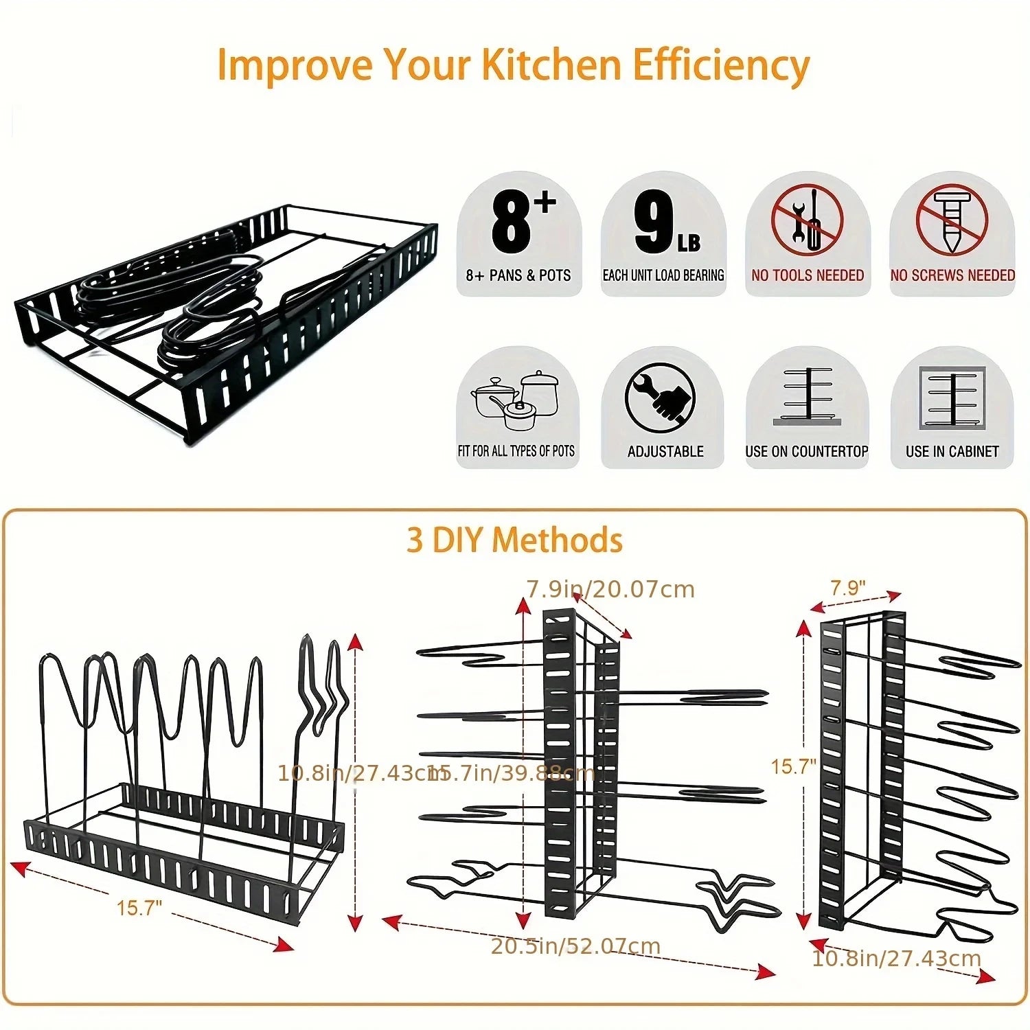 Space-Saving 8-Tier Pot Rack Organizer - Durable Metal Holder for Pans, Pots, and Lids to Keep Your Kitchen Neat and Tidy