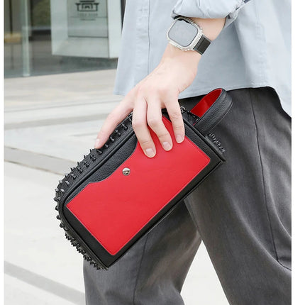 Men's PU leather rivet clutch bag with cyberpunk design, waist wallet, and strap, featuring a stylish money purse from OKEYWOW.