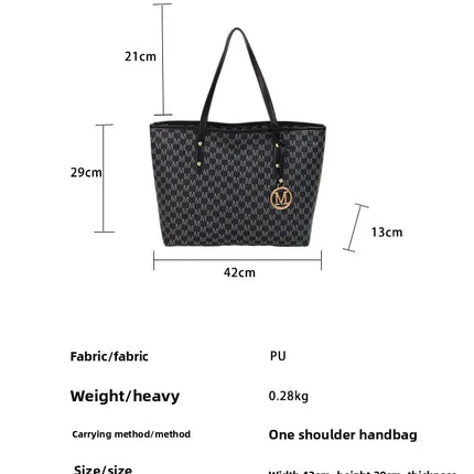 Large capacity OKEYWOW shoulder bag with letter print, luxury tote clutch, retro commuter style in soft fabric.