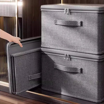 Foldable large capacity clothes storage box with zipper from OKEYWOW, showcasing a sturdy fabric wardrobe organizer bag.