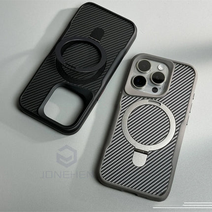 Soft Rubber MagSafe Case for iPhone 16/15/14/13/12 Pro Max Carbon Fiber Metal Bracket Cover