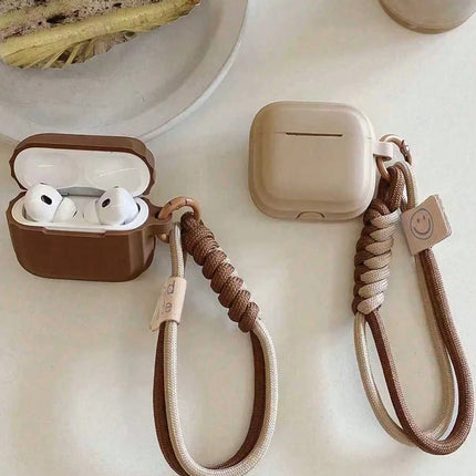 OKEYWOW silicone case and smile strap for AirPods 1 through 4, showing the protective cover with a cheerful smile design.