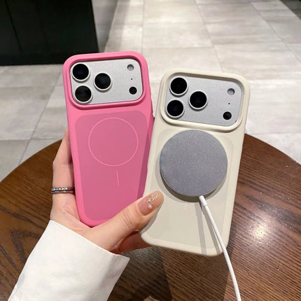 OKEYWOW iPhone 17/17 Pro/Pro Max liquid silicone MagSafe case with large window, shockproof design, and smooth skin feel.