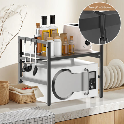 2-Tier Microwave Rack Expandable Kitchen Counter Organizer with Hooks Storage Shelf