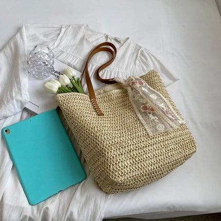 Women Woven Tote Bag Summer Large Capacity Shoulder Handbag Grass Straw Handmade Bag