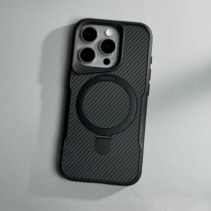 Soft Rubber MagSafe Case for iPhone 16/15/14/13/12 Pro Max Carbon Fiber Metal Bracket Cover