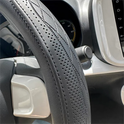 OKEYWOW Napa leather 15-inch universal steering wheel cover with perforated, non-slip, breathable design for cars.