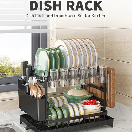 OKEYWOW 2-tier dish drying rack with drain tray and cutlery holder, kitchen counter organizer for drying dishes and utensils