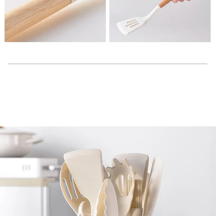Set of 12 silicone kitchen utensils with wooden handles, including spatulas and cooking tools, ideal for non-stick cookware.