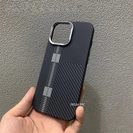 OKEYWOW iPhone 15 Pro Max carbon fiber plaid MagSafe case with magnetic charging and camera protection, hard cover design.