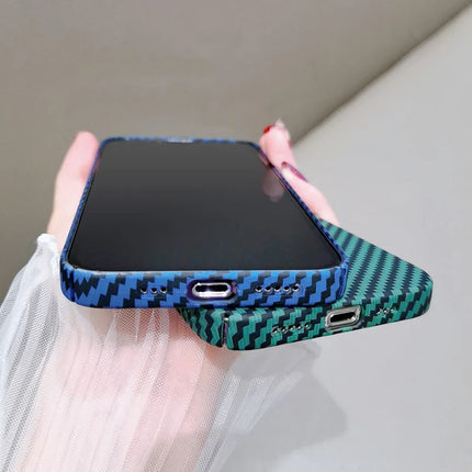 OKEYWOW iPhone carbon fiber case with ultra-thin design, hard back cover, and camera protection for models 11 to 17.