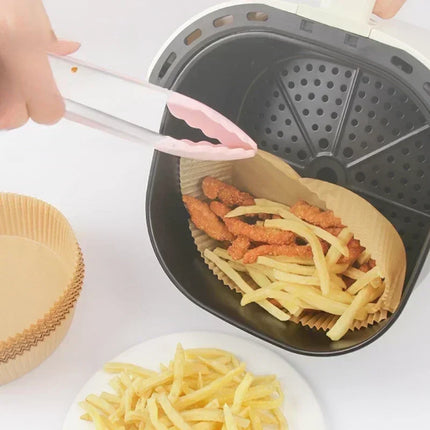 OkeyWOW air fryer disposable paper liners in square and round shapes, non-stick, oil-absorbing baking paper for kitchen cooking.
