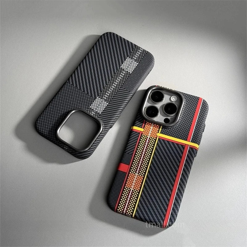 Relief Carbon Fiber MagSafe Case for iPhone 15 Pro Max 16 17 Pro Phone Cover Camera Metal Lens Protective Shell Hard PC Fundas