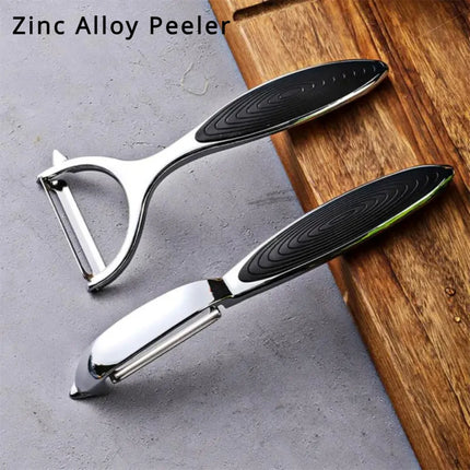 Stainless steel OKEYWOW vegetable peeler with ergonomic handle, designed for peeling potatoes, carrots, and fruits in the kitchen.