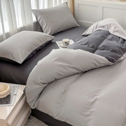 OKEYWOW solid color brushed fabric bedding set with duvet cover, pillowcases, and bedsheets in various sizes on a neatly made bed.