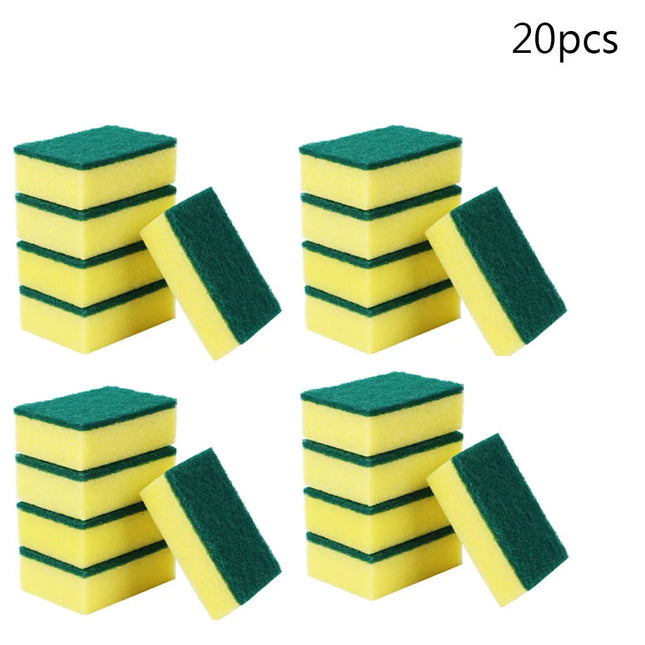 OKAYWOW Nano Emery Dish Sponge for rust stain removal, shown in a stack of cleaning sponges for kitchen use.