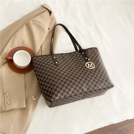 Large capacity OKEYWOW shoulder bag with letter print, luxury tote, clutch, retro commuter style, perfect for everyday use.