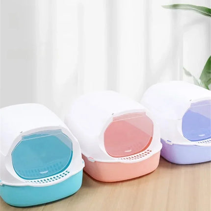 OKEYWOW semi-enclosed kitty cat litter box with splashproof design and pet toilet tray for indoor cat hygiene and comfort.