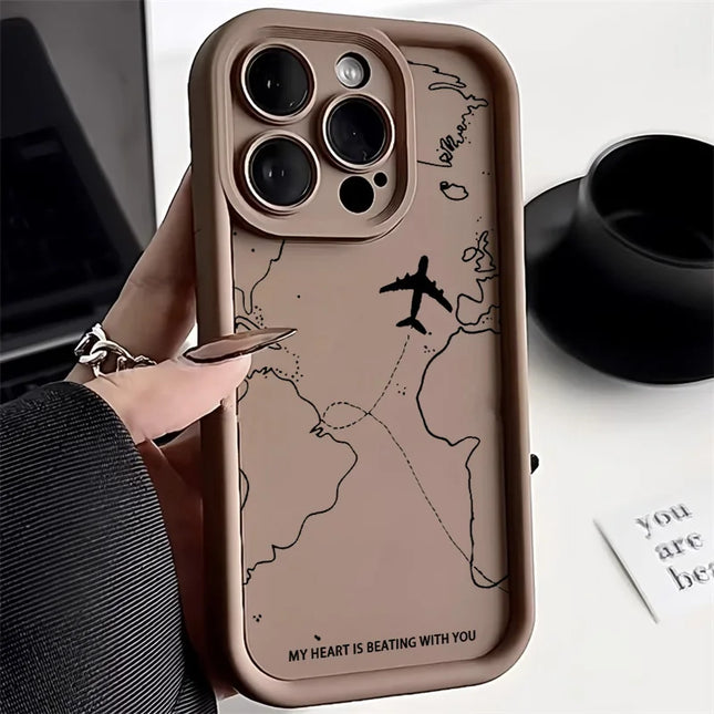 Okeywow silicone matte shockproof airplane route iPhone case for iPhone 12 to 16, featuring a sleek design and durable protection.