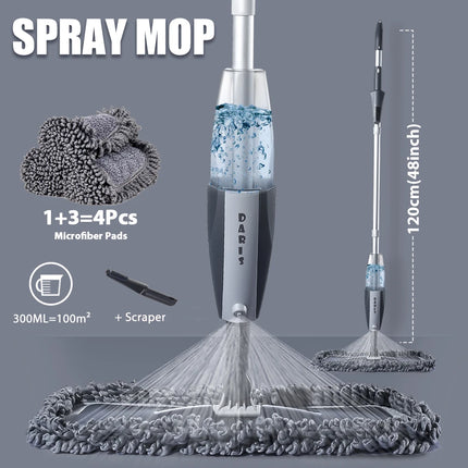 OkeyWOW Magic Spray Mop with wooden handle and microfiber pads, 360-degree swivel for easy cleaning of hardwood floors.