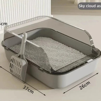 OKEYWOW semi-enclosed kitty litter box with splashproof design, pet toilet tray, and bedpan for cats.