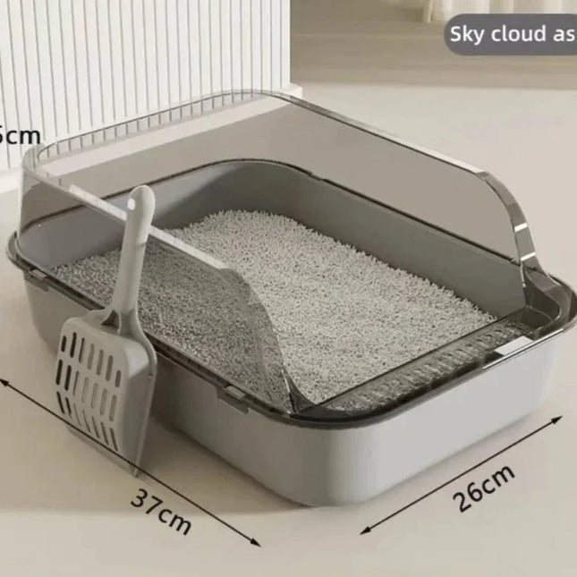 OKEYWOW semi-enclosed kitty litter box with splashproof design, pet toilet tray, and bedpan for cats.