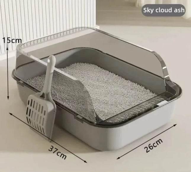 OKEYWOW semi-enclosed kitty litter box with splashproof design, pet toilet tray, and bedpan for cats.