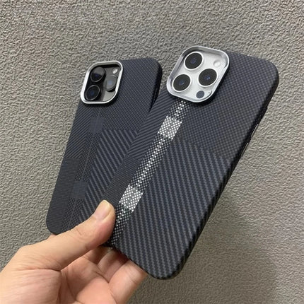 OKEYWOW iPhone 17/16/15 Pro Max carbon fiber plaid MagSafe case with magnetic charging and camera protection.