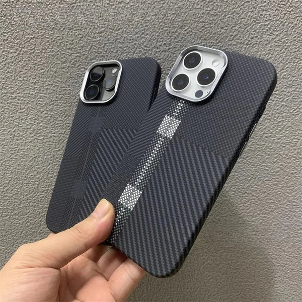 iPhone 17 16 15 Pro Max Case Carbon Fiber Plaid MagSafe Cover Magnetic Charging Shell Camera Frame Protective Hard Carcasas