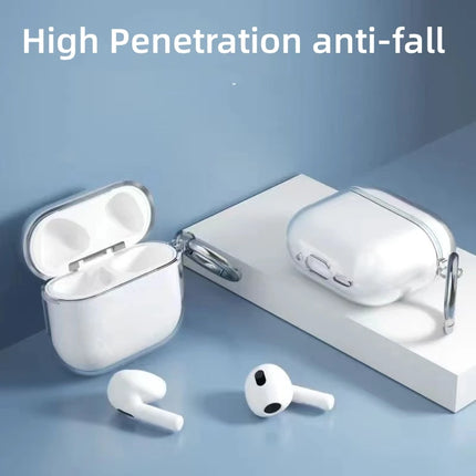 Transparent TPU case for AirPods 4th Gen by OKEYWOW, showing the clear protective cover fitted on the wireless earphones.