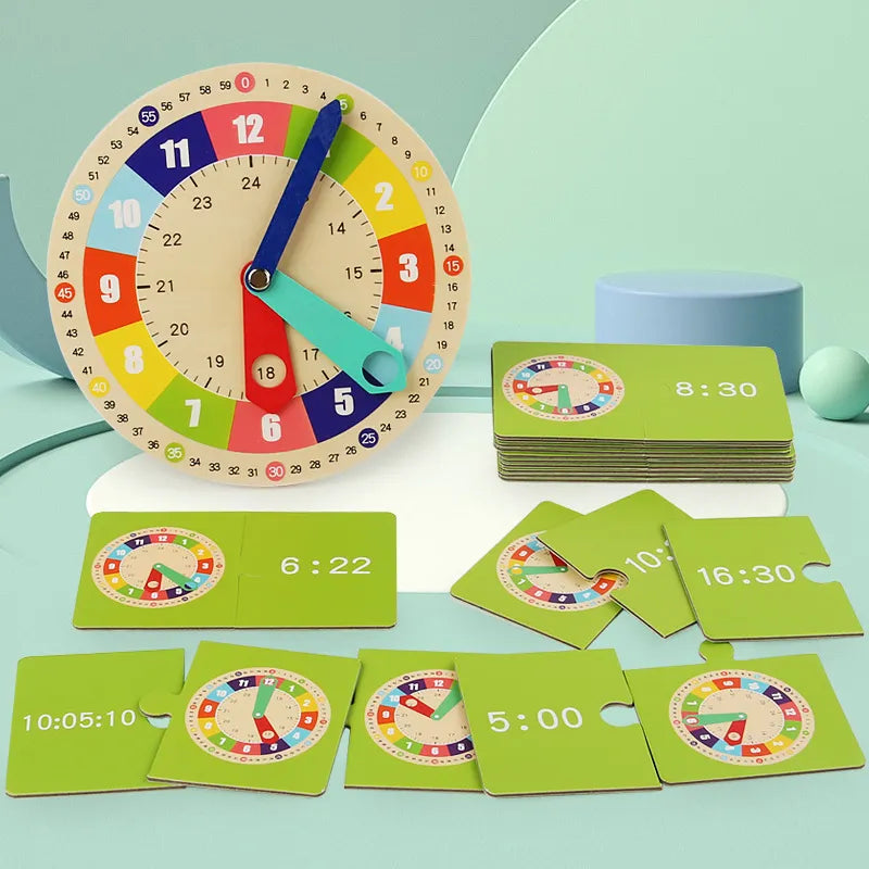 Wooden Clock Model Teaching Aid: Montessori Learning Clocks with Cards, Kindergarten Toy for Interactive Playroom Wall Games