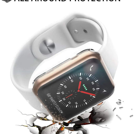 OKEYWOW Apple Watch silicone bumper case with screen protector for Series 9, 8, 7, SE, 44mm to 38mm models, black color.