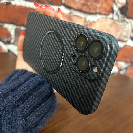 OKEYWOW iPhone carbon fiber case with ultra-thin design and hard back cover, featuring camera protection for models 11 to 17.