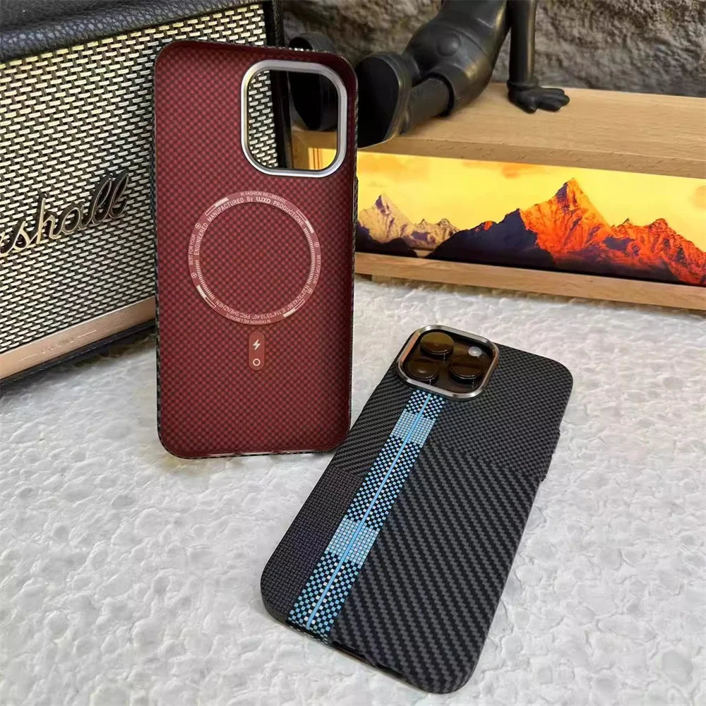 Fashion Carbon Color Magnetic Phone Case for iPhone 17 16 15 Pro Max For Magsafe Back Cover Camera Lens Protection PC Hard Shell