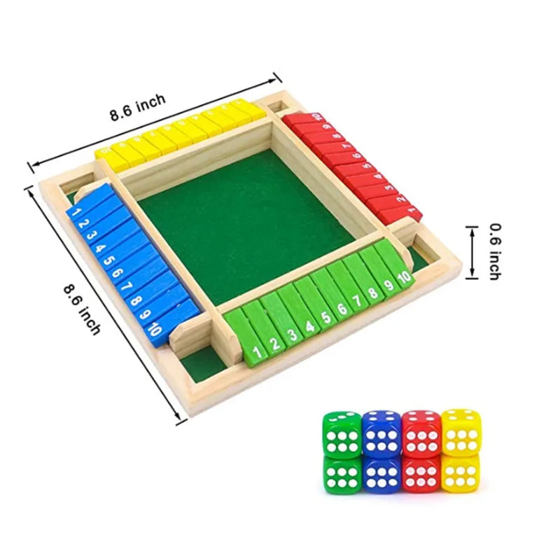 Deluxe Four-Sided Shut The Box Board Game: Set with 10 Numbers and Dice, Ideal for Party Clubs and Drinking Games for Adults and Families