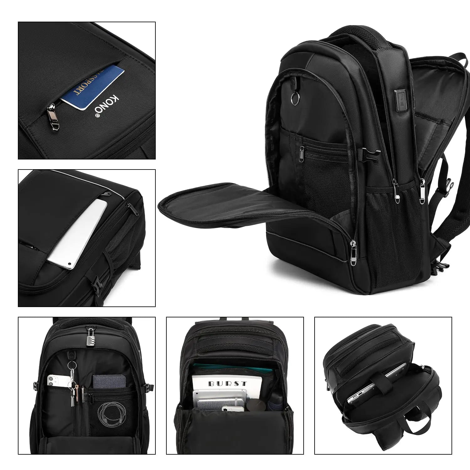 Kono Anti-Theft 15.6" Laptop Backpack - Secure Business & Travel Bag for Work/School, Men & Women