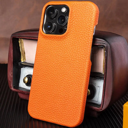 OkeyWOW luxury genuine leather business case for iPhone 12/11/13/14/15 Pro Max, featuring a sleek design and precise cutouts.