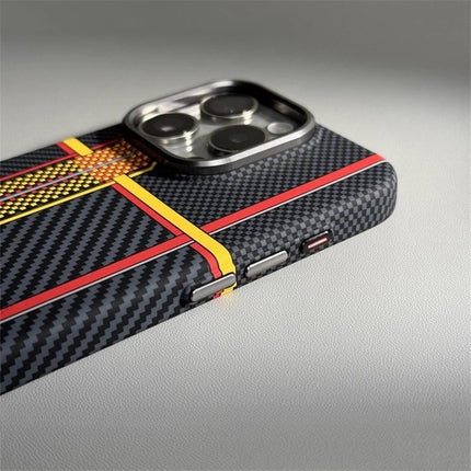 OKEYWOW iPhone 15/16/17 Pro Max Relief Carbon Fiber MagSafe case with metal lens camera protection and hard PC cover.