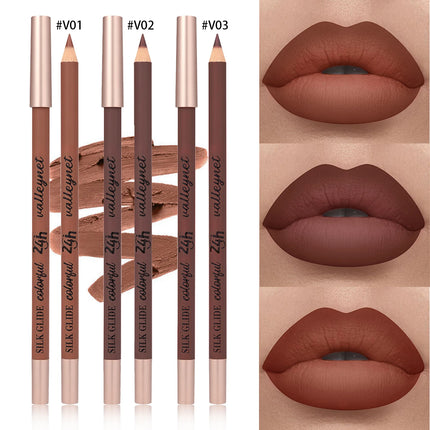 Velora Beauty 3pcs Brown Matte Lip Liner Set Waterproof Long Lasting High Pigment Creamy