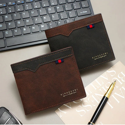 Men’s minimalist bifold wallet by OKEYWOW with zipper coin pocket, multiple slots, large capacity, and sleek design.