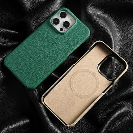 OkeyWOW iPhone 15 Pro Max luxury MagSafe case in cowhide lychee leather with magnetic protector, showcasing elegant textured leather design.