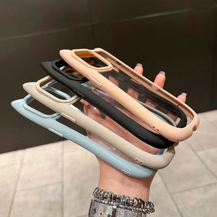 Transparent silicone cat ear iPhone case with shockproof design for iPhone models 11 to 17 Pro Max, by OKEYWOW.