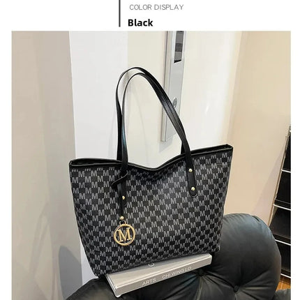 Large capacity OKEYWOW shoulder bag with letter print, luxury tote, clutch style, retro design for commuters and daily use.