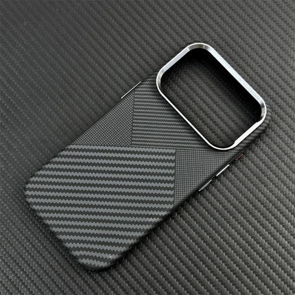 OKEYWOW iPhone 15/16/17 Pro Max carbon fiber MagSafe case with camera lens protection and hard PC cover showing front and back design