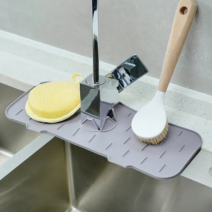 OKEYWOW silicone faucet mat and sink splash catcher, absorbent pad for protecting countertops and catching water splashes.