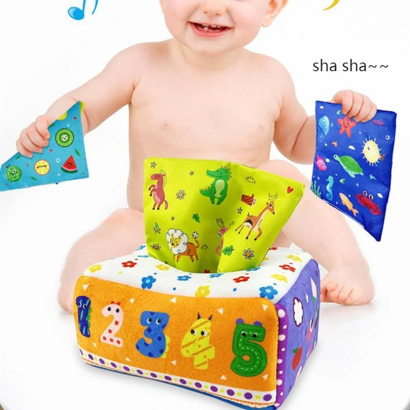 Montessori Educational Baby Tissue Box: Colorful Soft Sensory Toy for Toddler Finger Exercise, Includes Pumping Silk Scarf, Ideal Gift for Ages 0-18 Months