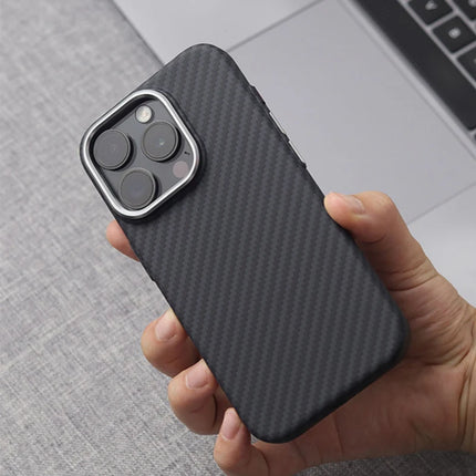 iPhone MagSafe Case Alloy Lens 3D Relief Carbon Fiber Texture Hard PC Wireless Charging Cover